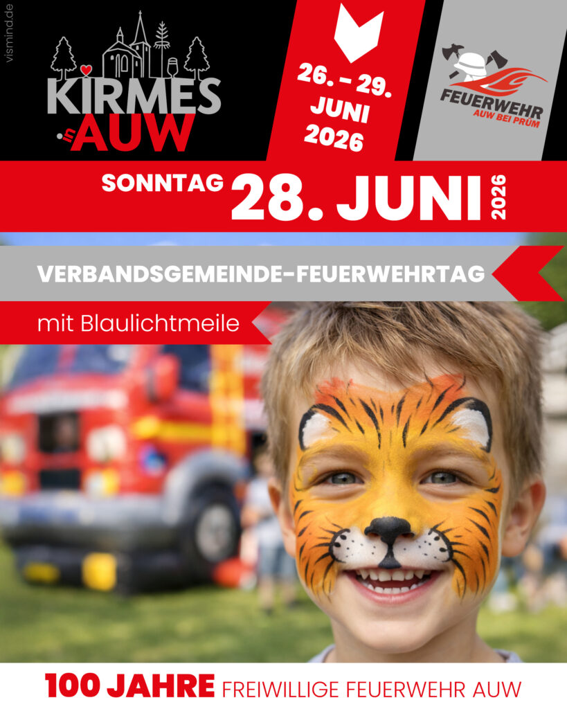 Kind mit Tiger Gesichtsbemalung bei der Kirmes Auw am Sonntag den 28. Juni 2026 während des Verbandsgemeinde Feuerwehrtags mit Blaulichtmeile zum Jubiläum der Freiwilligen Feuerwehr Auw.